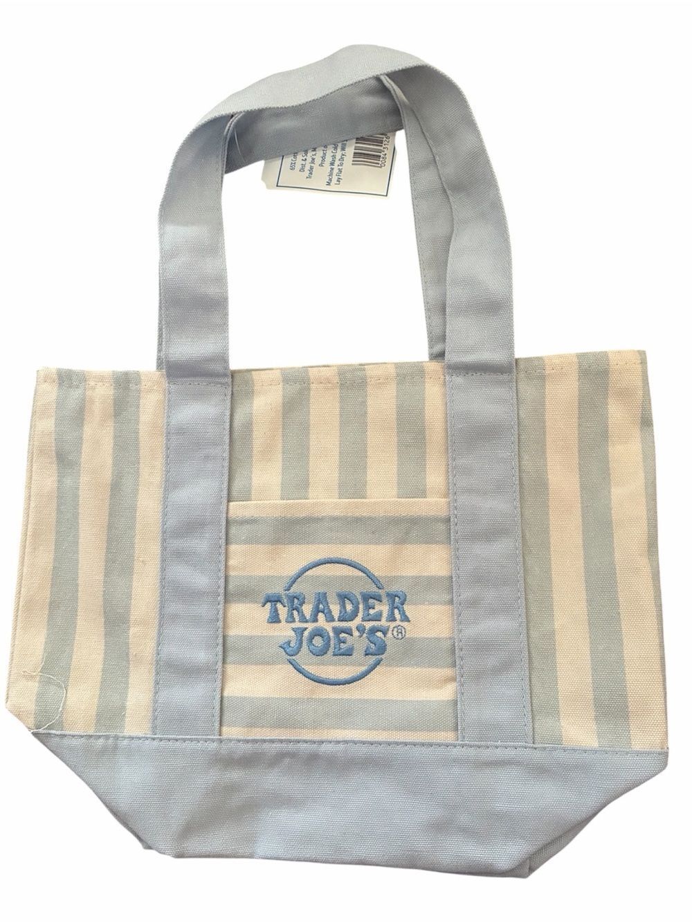 Trader Joe’s Striped Embroidered Tote Bag – Blue & Beige Reusable Shopper
